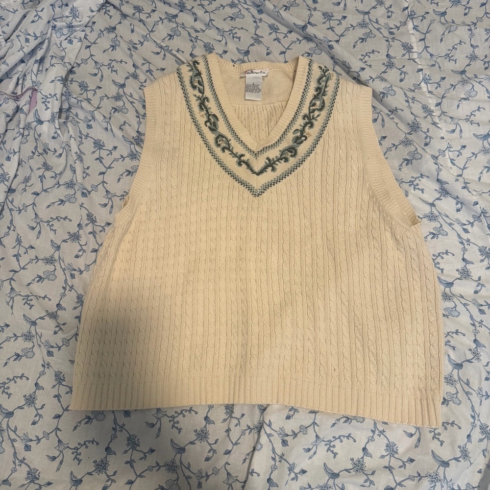 Vintage Talbots Cream Knit Sweater Vest with Green Embroidery